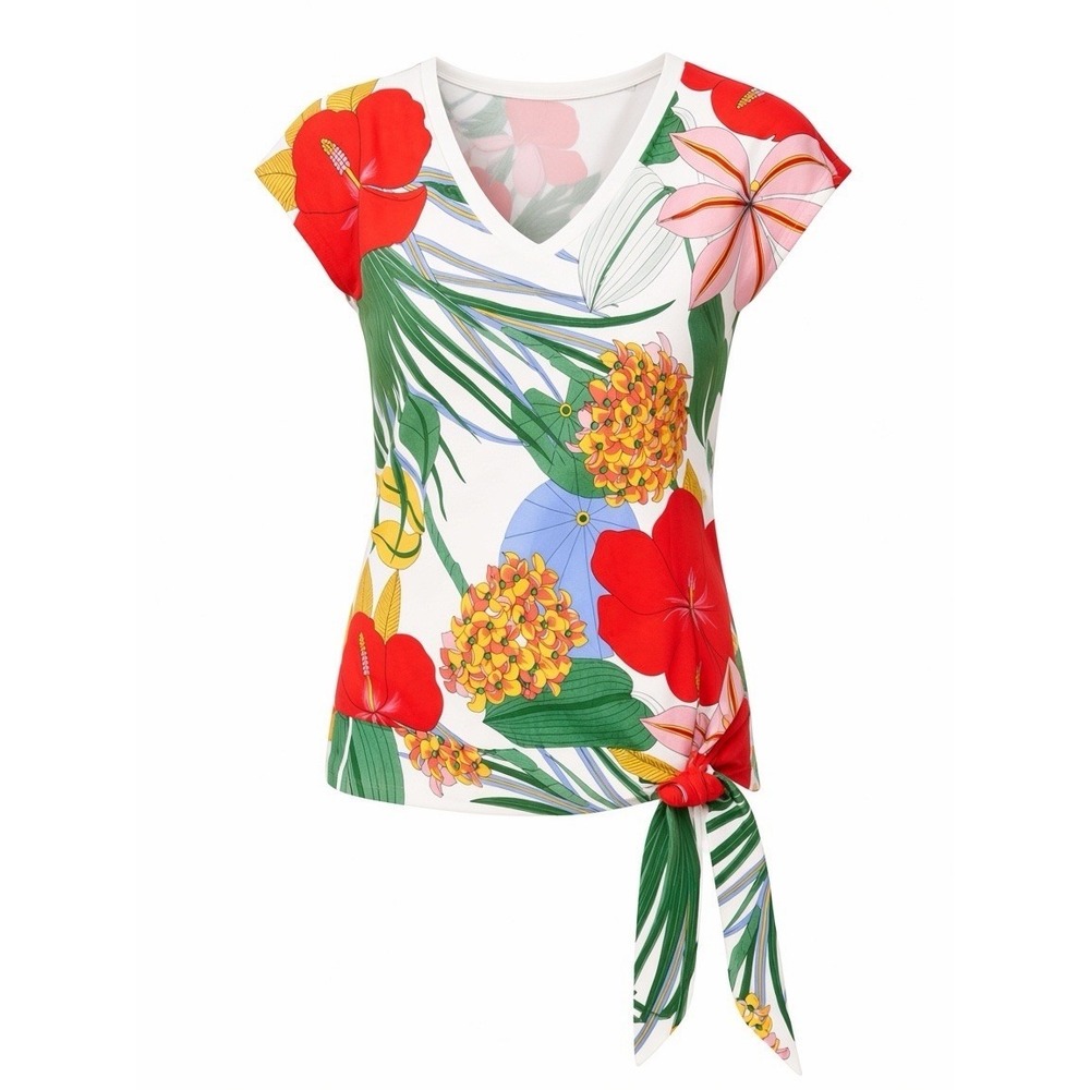 Talbots Size Large Tropical Hibiscus Knit Tie Side V-Neck Cotton Blend Top NWOT